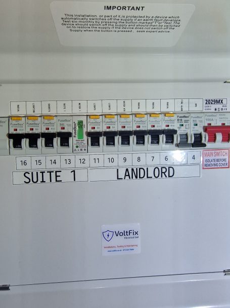 Double DIN‑rail consumer unit with inline current‑measuring meters, SPD and RCD protection, fully labelled and professionally tested.