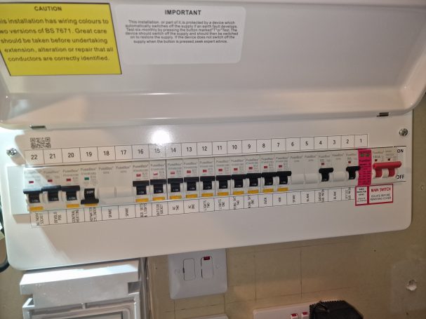 21‑way single‑phase RCBO consumer unit with SPD installed, fully labelled, neatly wired, and professionally tested for safety and compliance